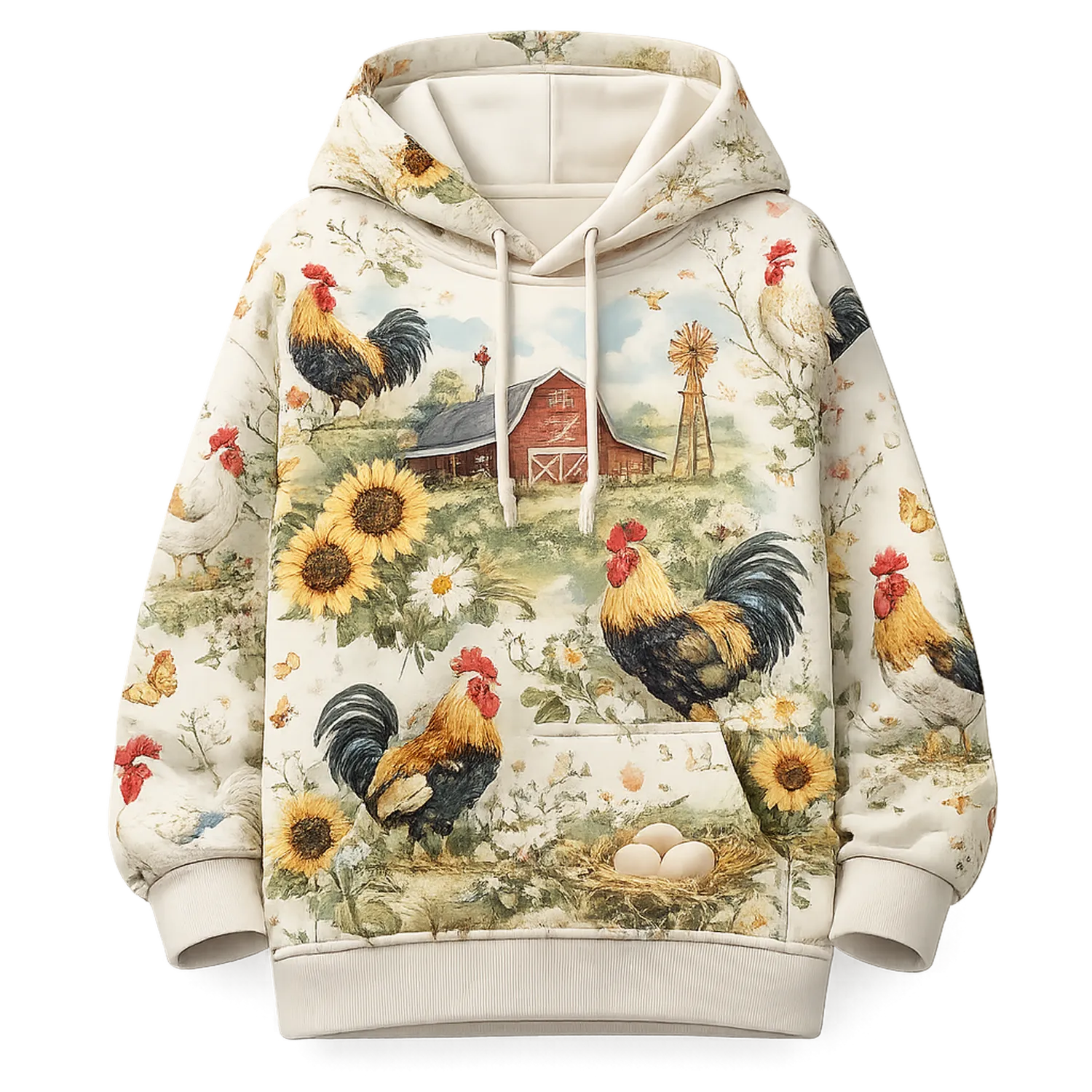 Kinder Hoodie mit Hühner- und Sonnenblumen-Print, Lange Ärmel und Taschen