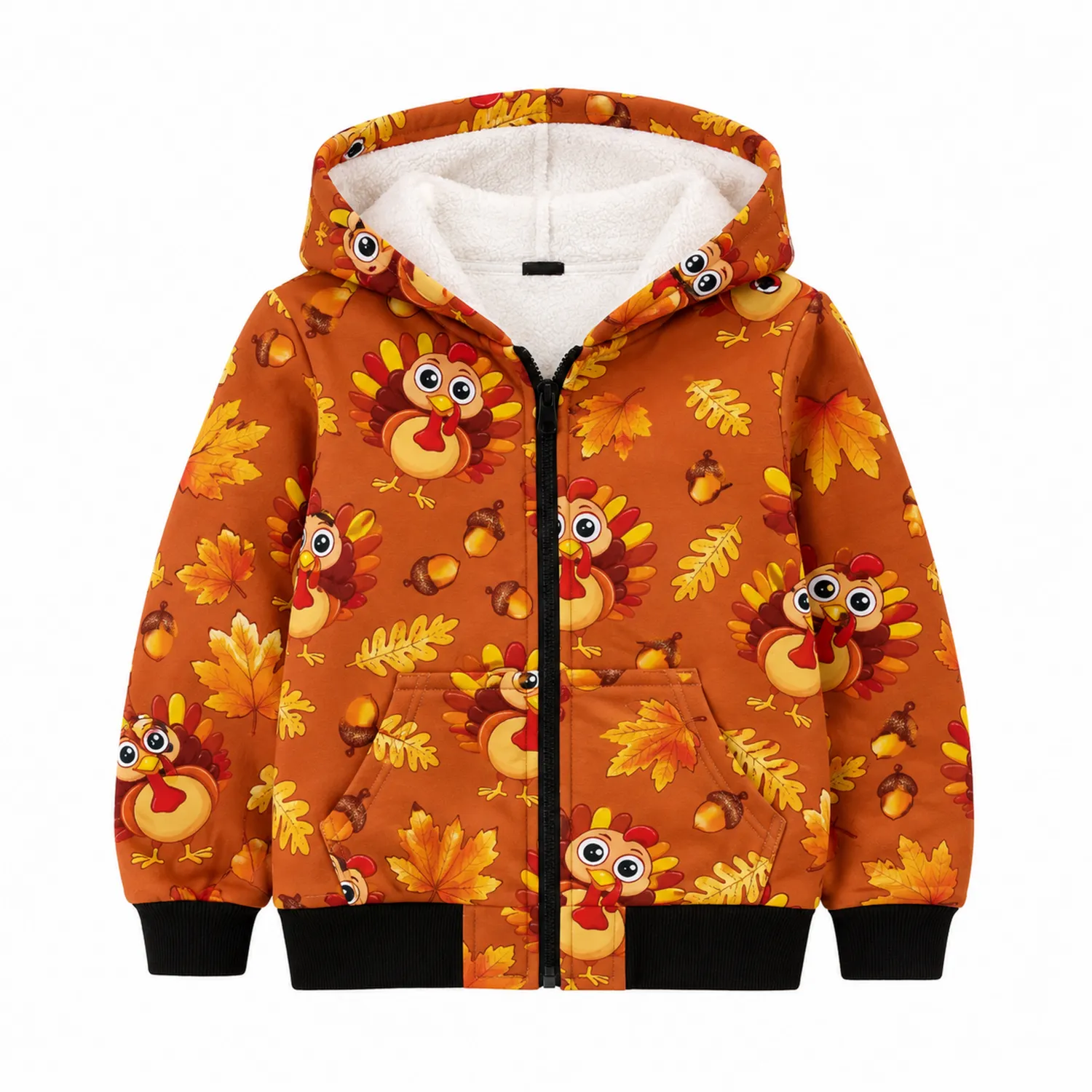 Kinder Kapuzenpullover mit Truthahn- und Ahornblattmotiv, Fleece Vollreißverschluss