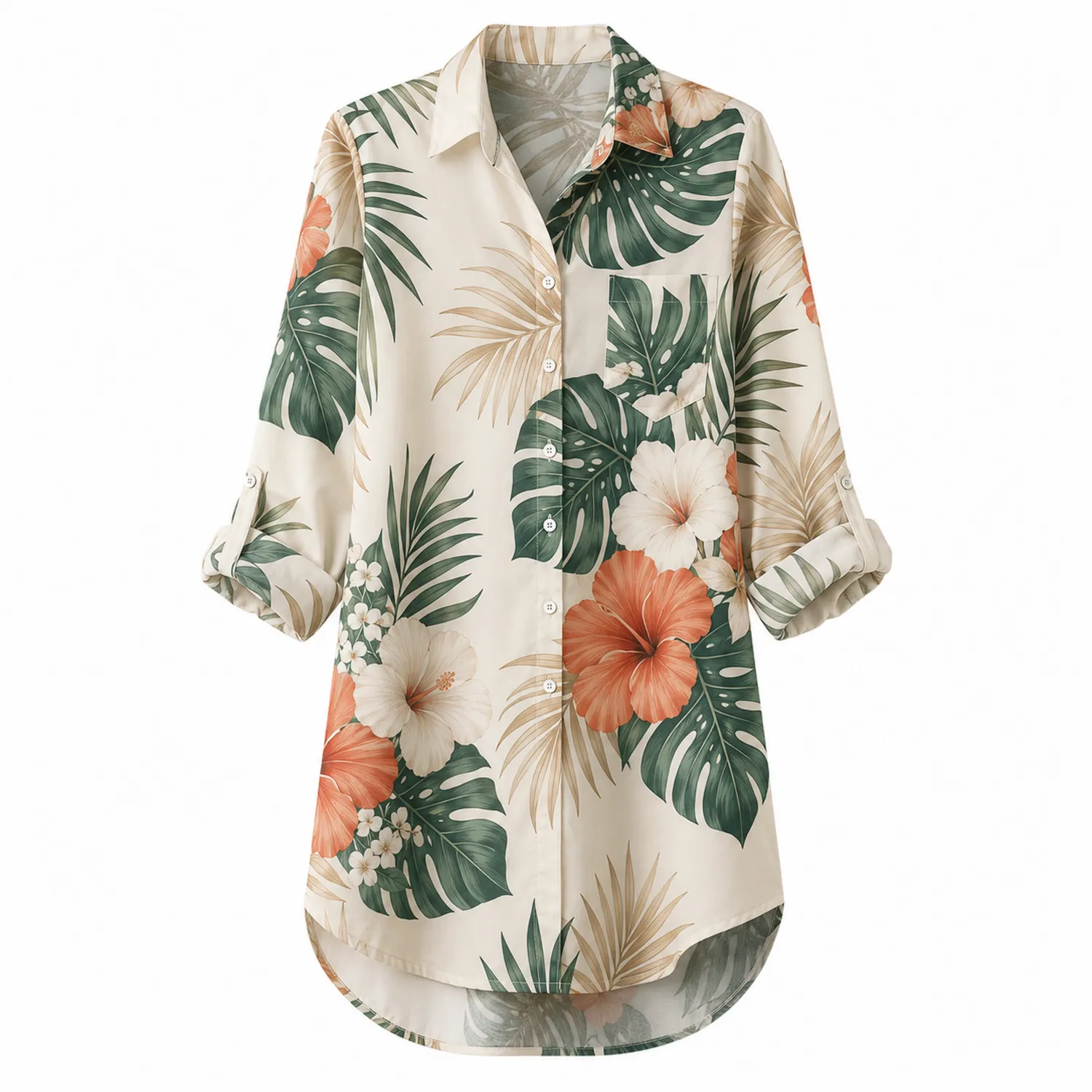 Damen Bluse Hawaii Blumenmuster Langarm