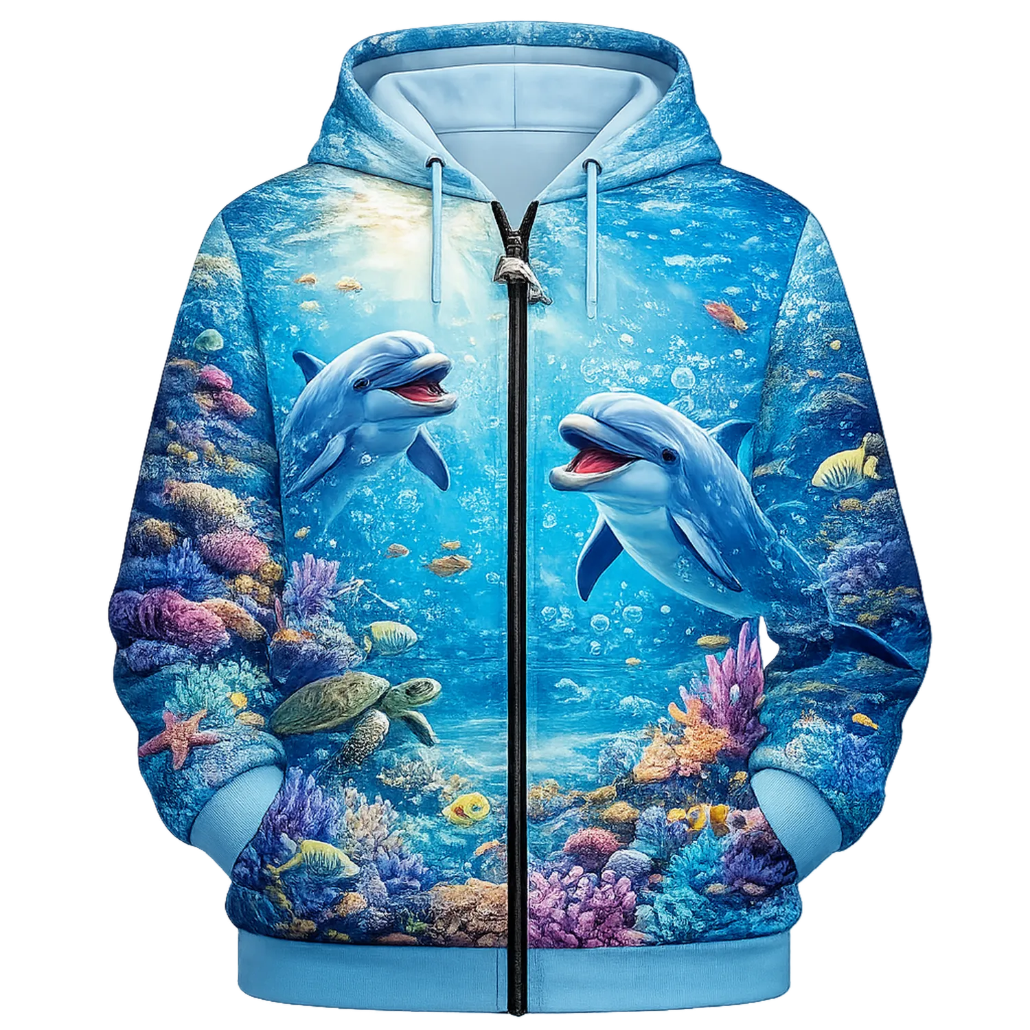 Kinderkapuzenpullover mit Delphin-Print, Reißverschluss und Taschen