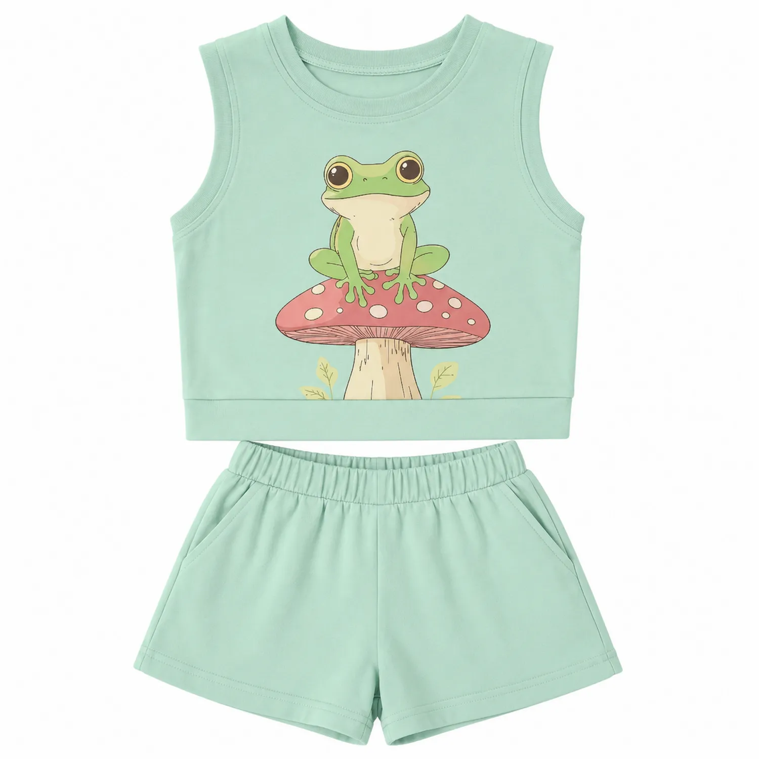 Mädchen Set Frosch Pilz Grafik ärmelloses Oberteil Shorts