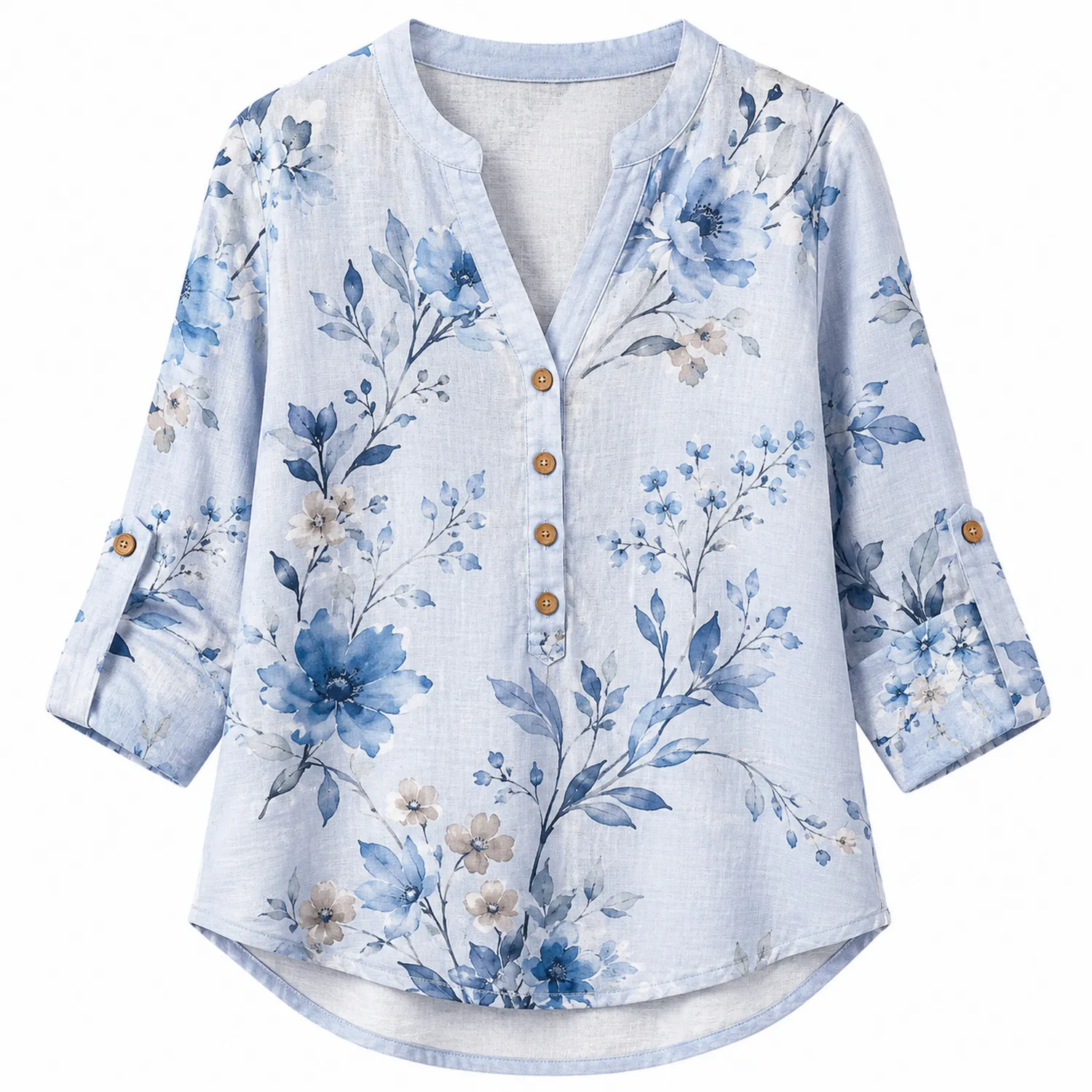 Leinenbluse Damen V-Ausschnitt 3/4 Ärmel Blumenmuster