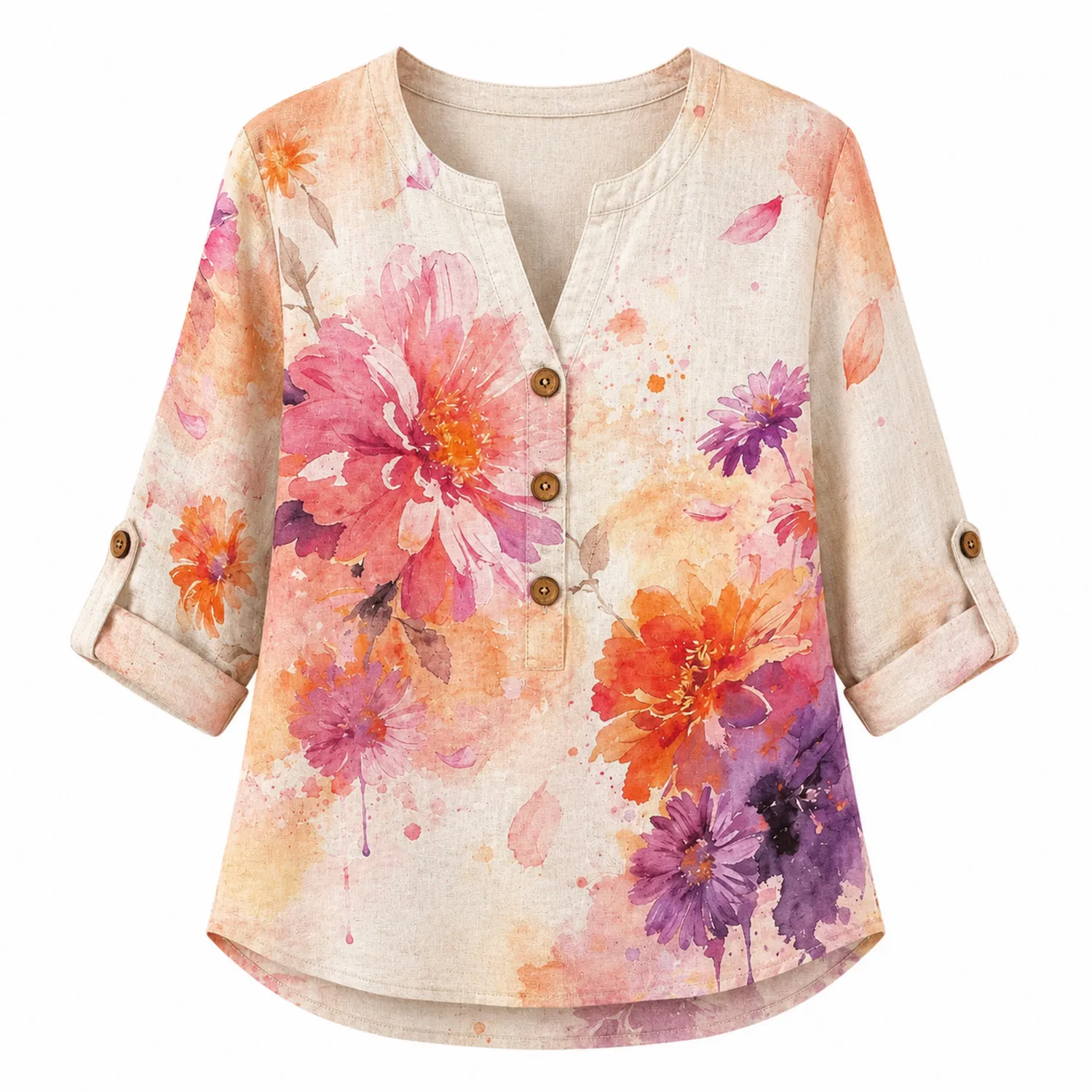 Damen Leinenbluse Blumenmuster V-Ausschnitt 3/4 Ärmel