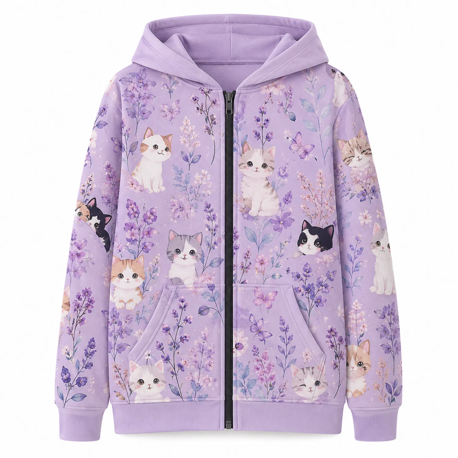 Kinder Kapuzenjacke mit Katzenmotiv, Reißverschluss, Langarm