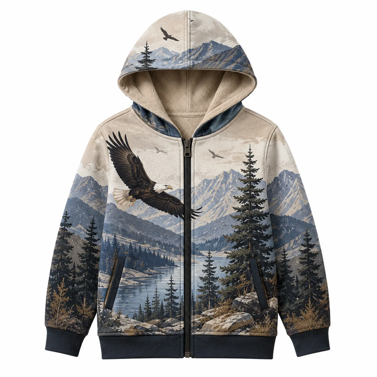 Jungen Kapuzenpullover mit Adler und Bergmotiv Reißverschluss