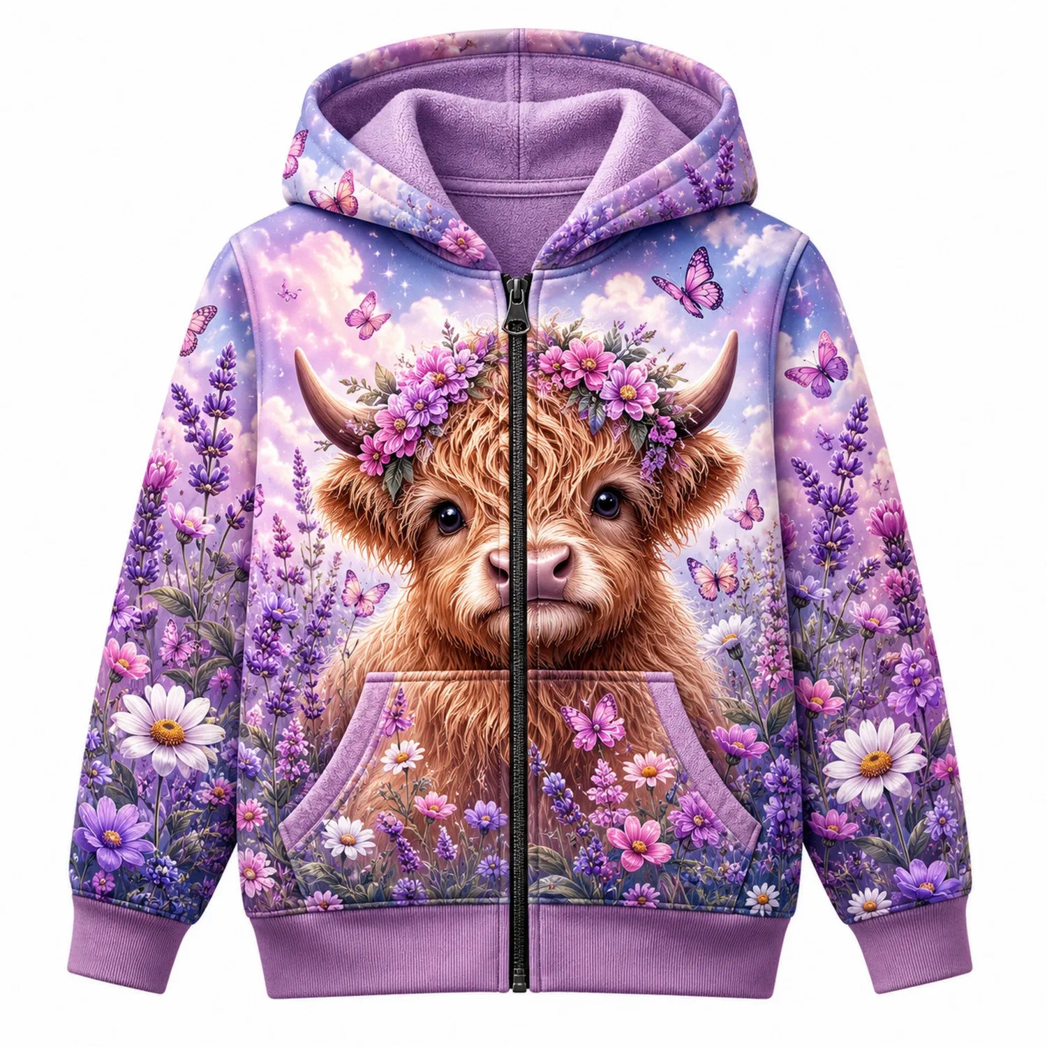 Kinder Hoodie mit Highland Kuh und Frühlingsblumen Motiv Zip Kapuzenpullover