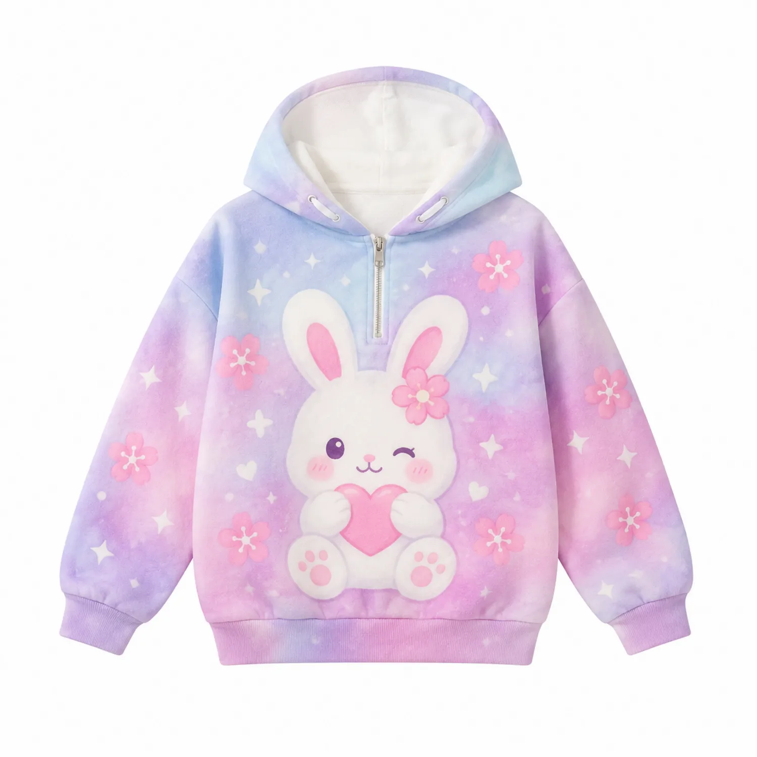 Mädchen Kapuzenpullover Hase Blüten Motiv Fleece Langarm