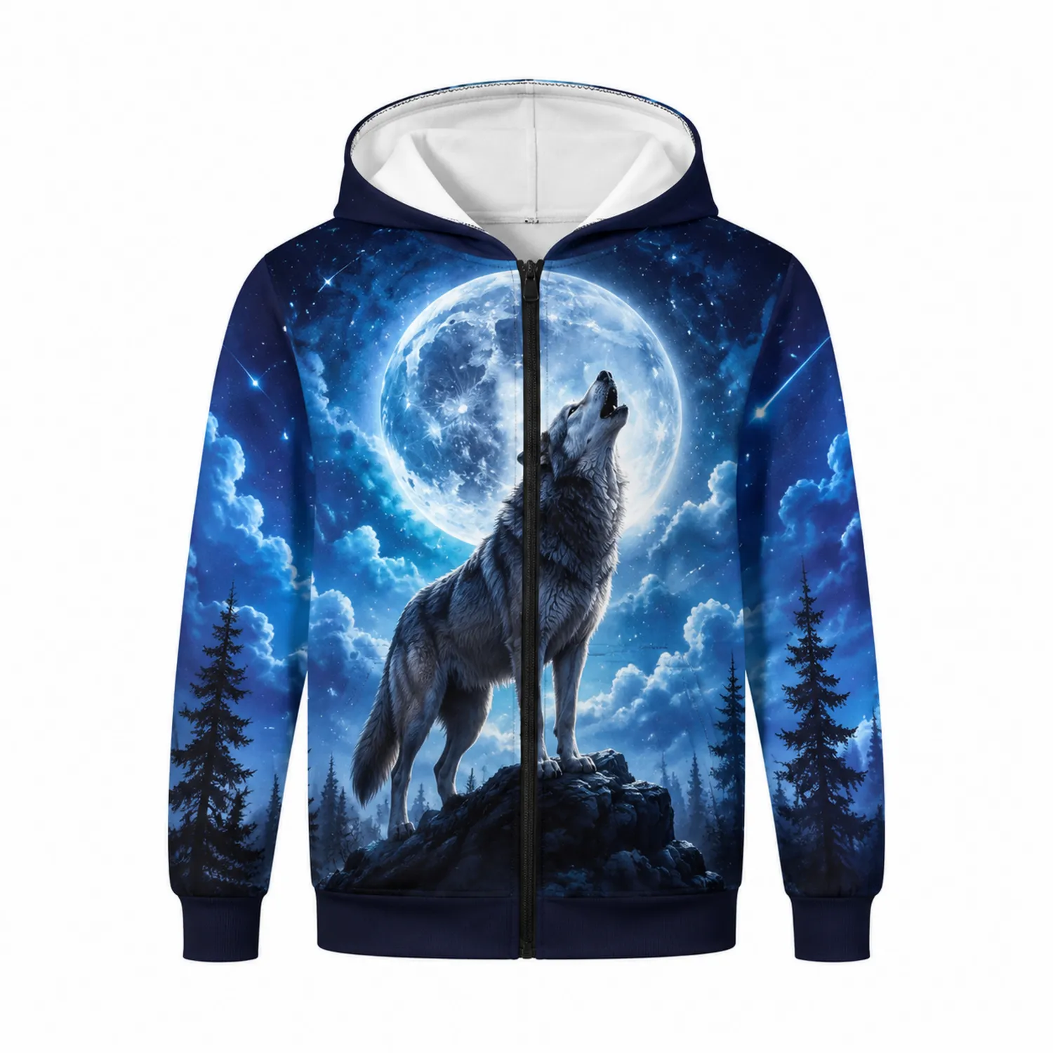 Jungen Kapuzenpullover Reißverschluss Wolf Mond Grafik