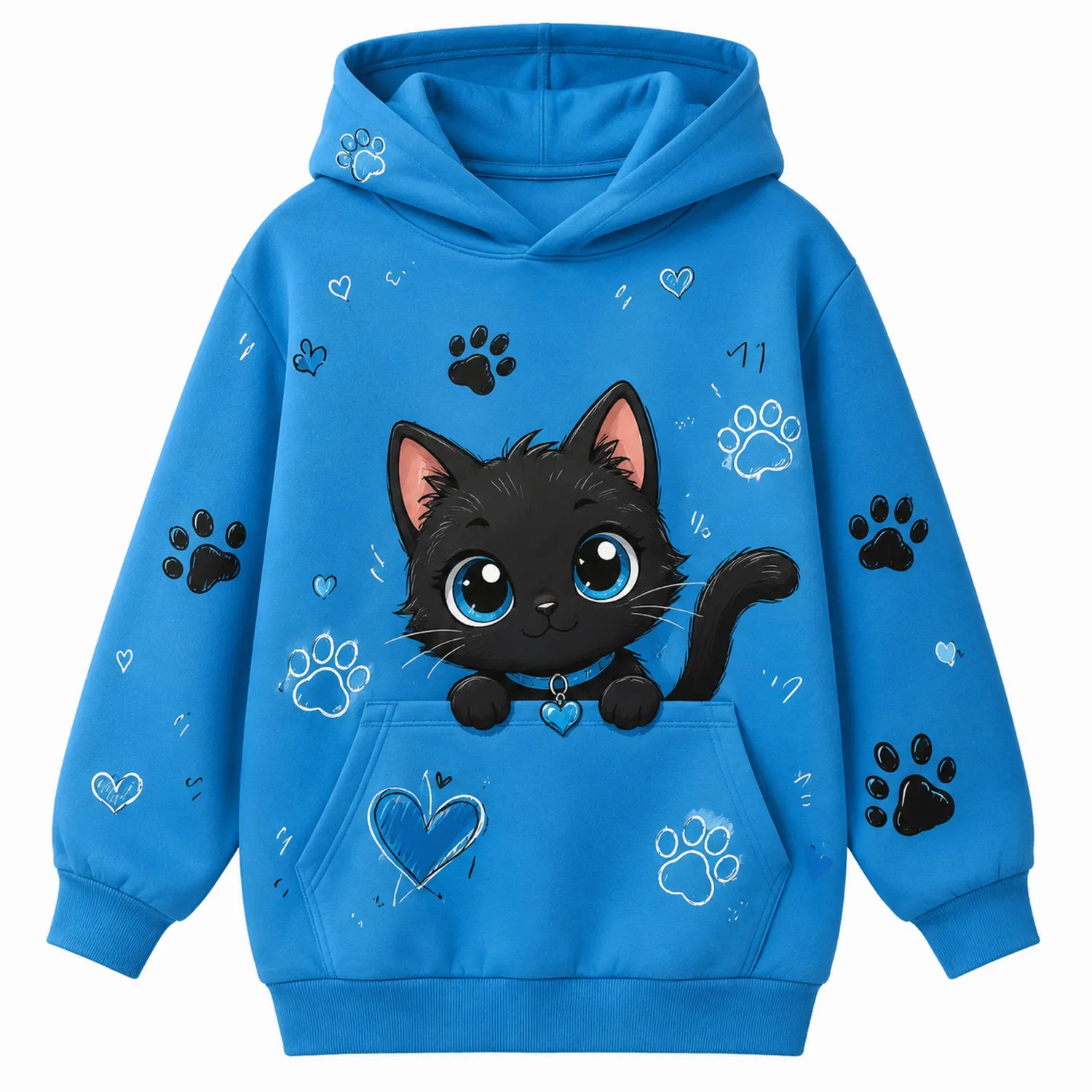 Felpa con Cappuccio Gatto Nero Stampa Zampe Bambina