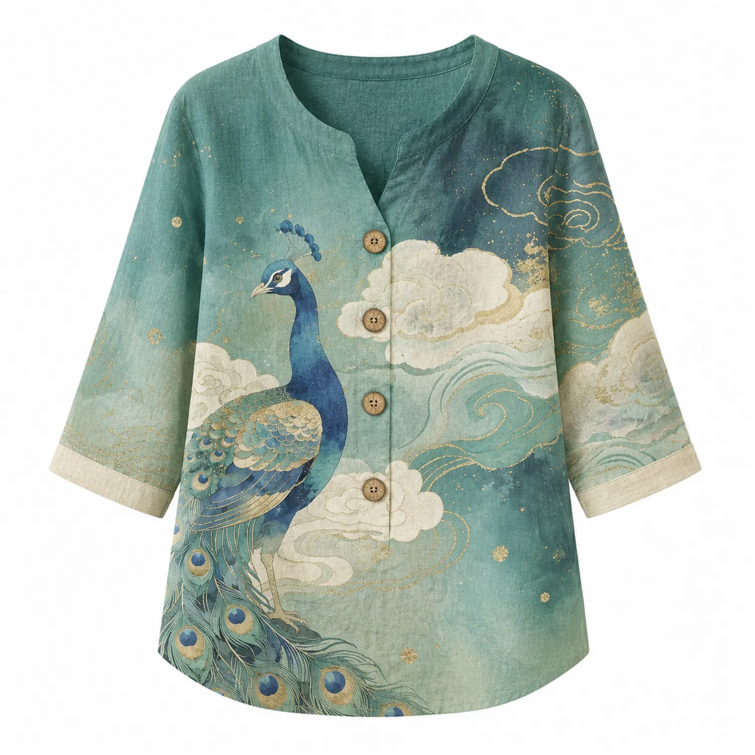Camicia da Donna in Lino con Stampa Pavone a Nuvole, Maniche 3/4, Scollo a V