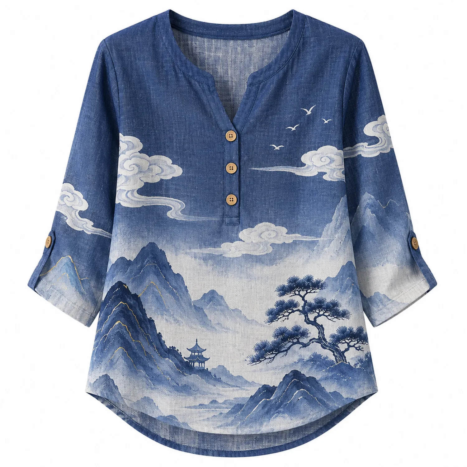 Camicia in Lino Donna Collo a V con Stampa Montagna e Nuvole