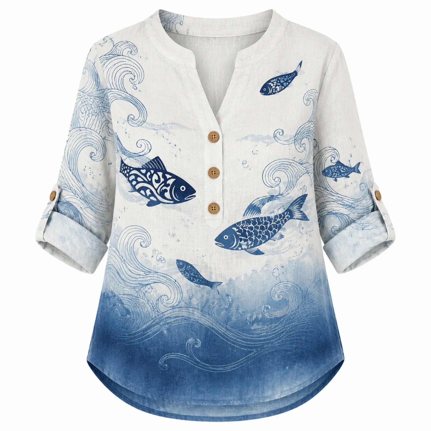 Camicia da Donna in Lino Motivo Pesci Manica 3/4 Collo a V