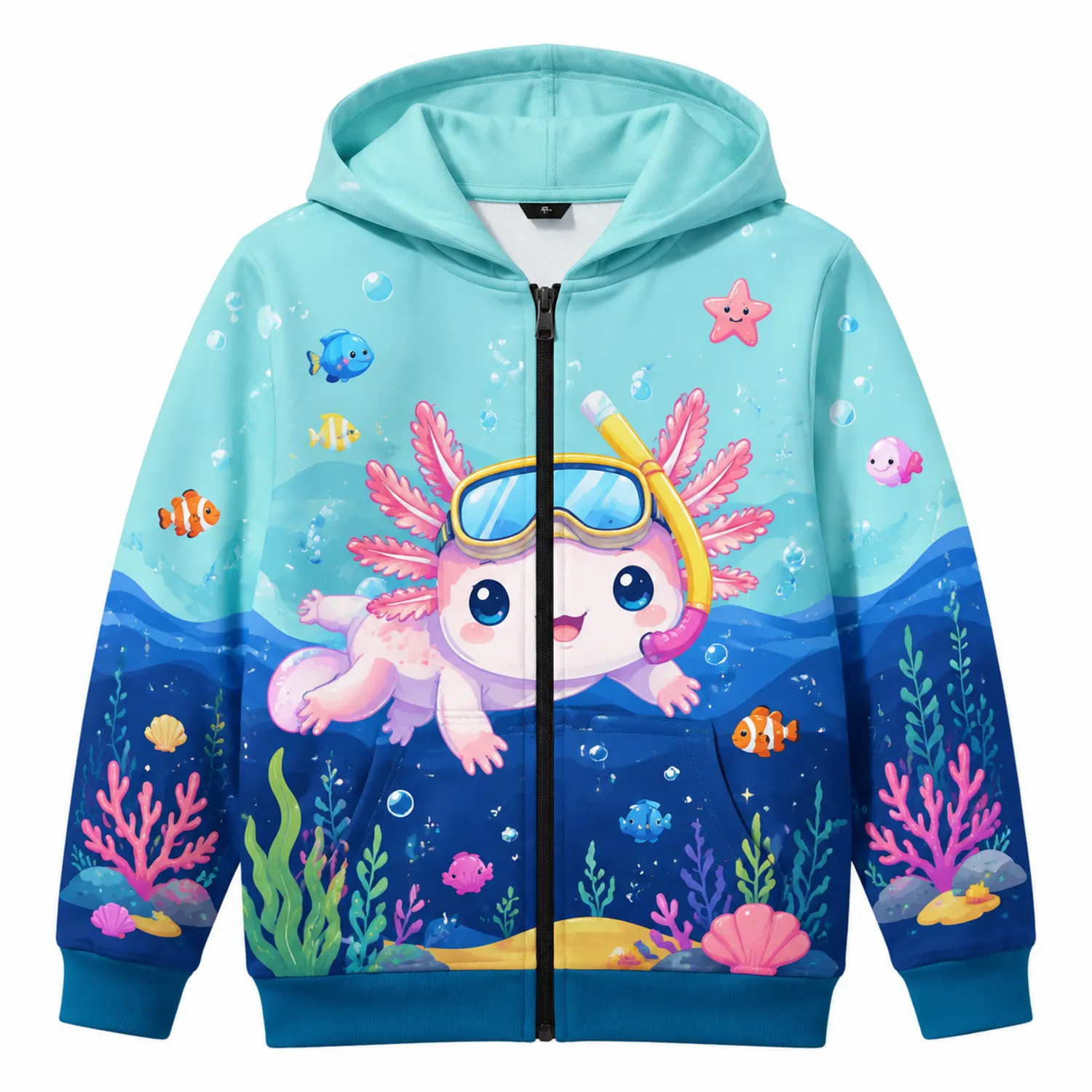 Felpa con Cappuccio Bambini Zip Axolotl Stampa Mare