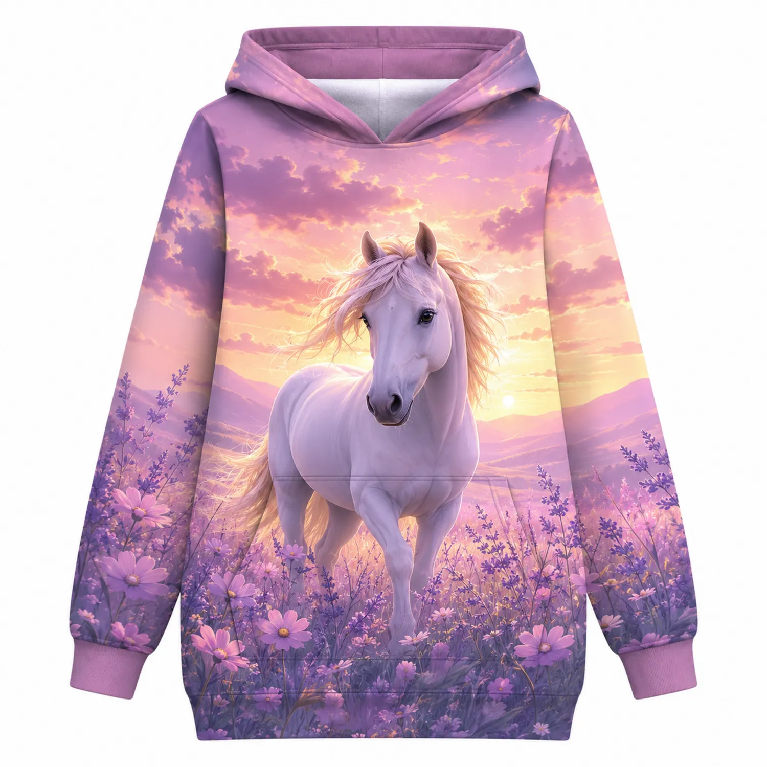 Felpa Lunga con Cappuccio per Bambina Stampa Cavallo Tramonto