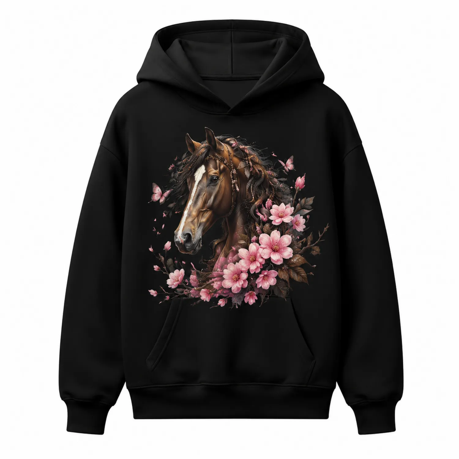 Felpa Nera con Cappuccio per Bambine Stampa Cavallo e Fiori
