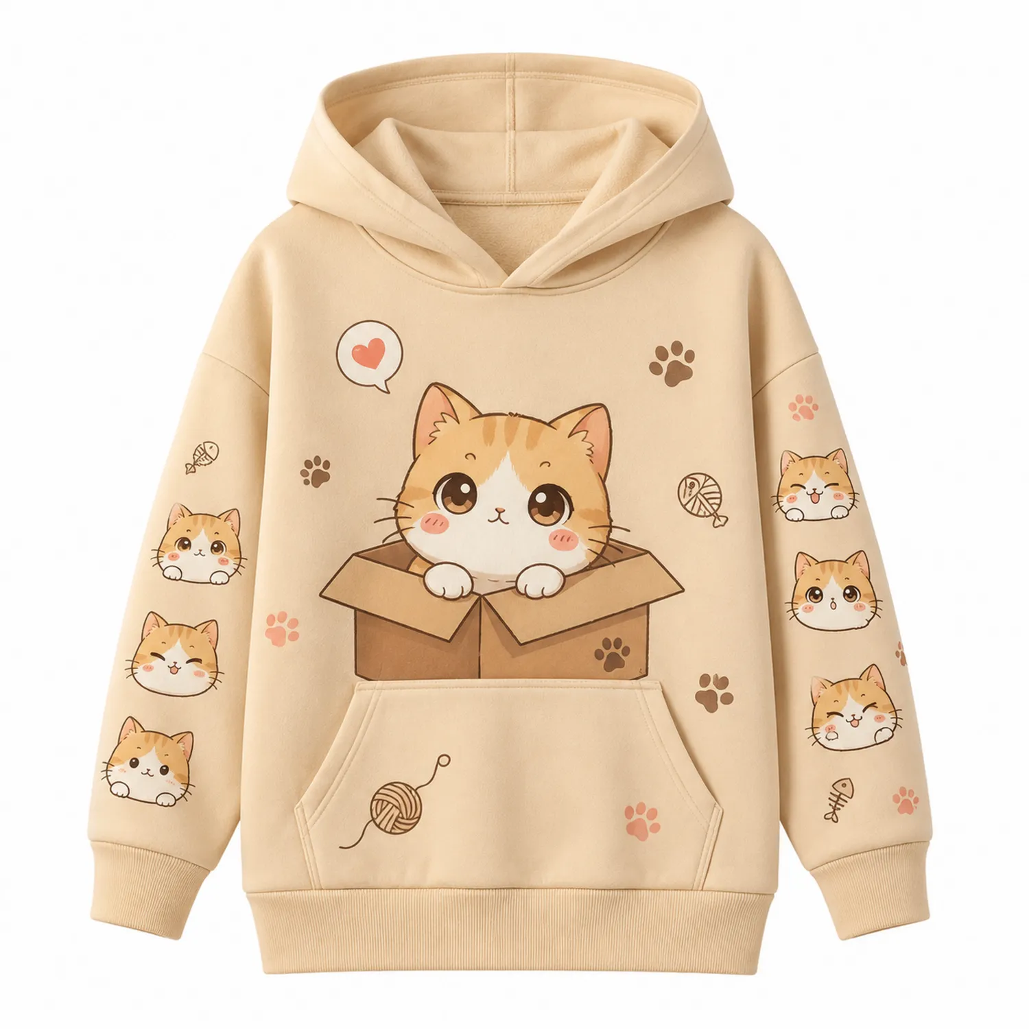 Felpa con Cappuccio Lunga Disegno Gatto per Ragazze
