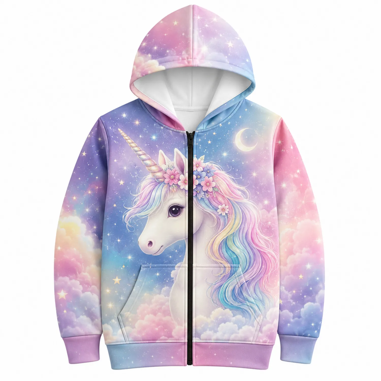 Felpa con Cappuccio Bambina Unicorno Arcobaleno Zip Completa