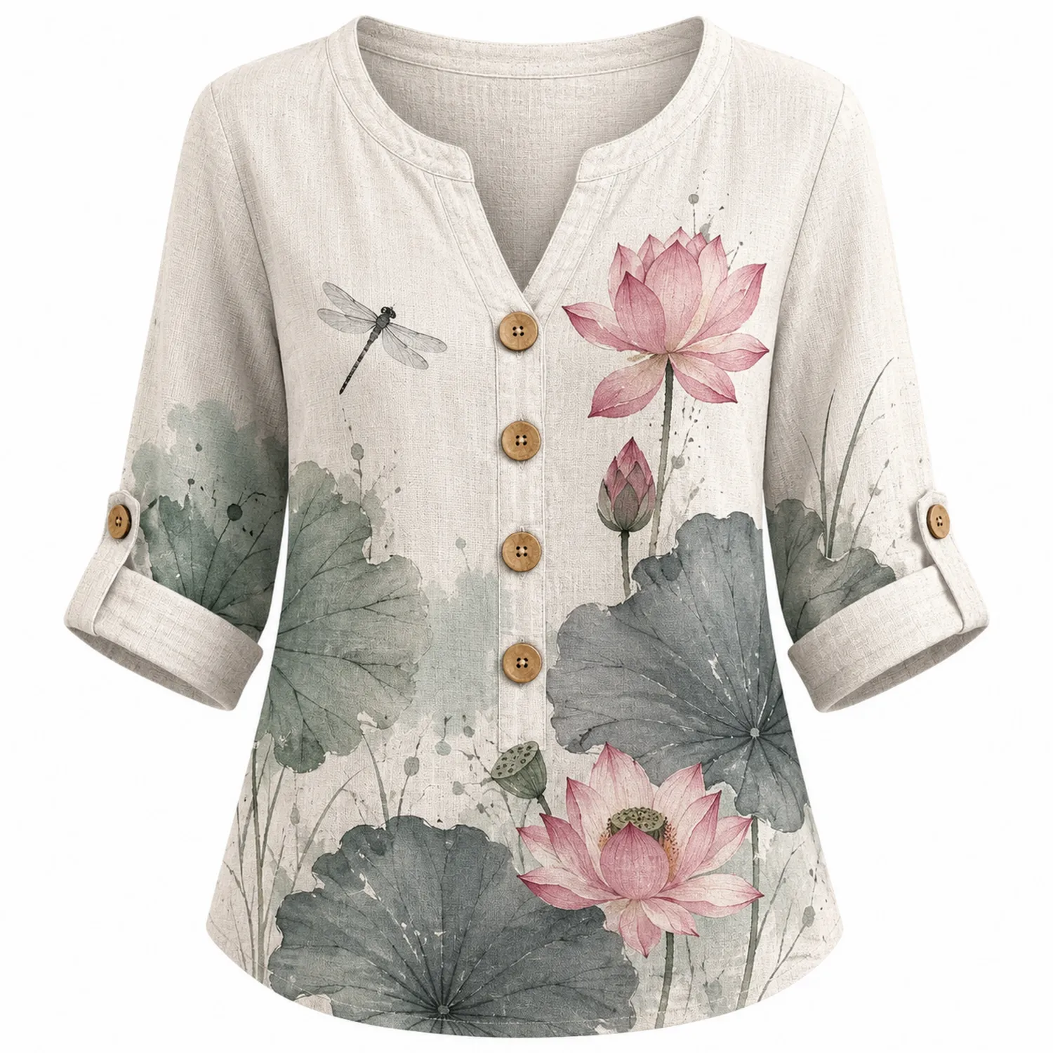 Camicia Lino Donna Maniche 3/4 Motivo Loto Acquerello