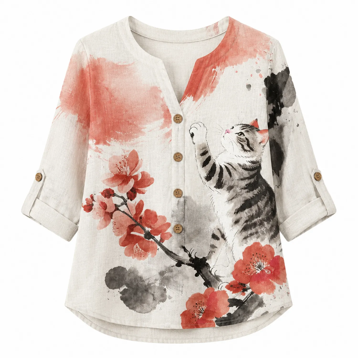 Camicia Donna Lino Gatto Fiore di Ciliegio Maniche 3/4 Collo a V