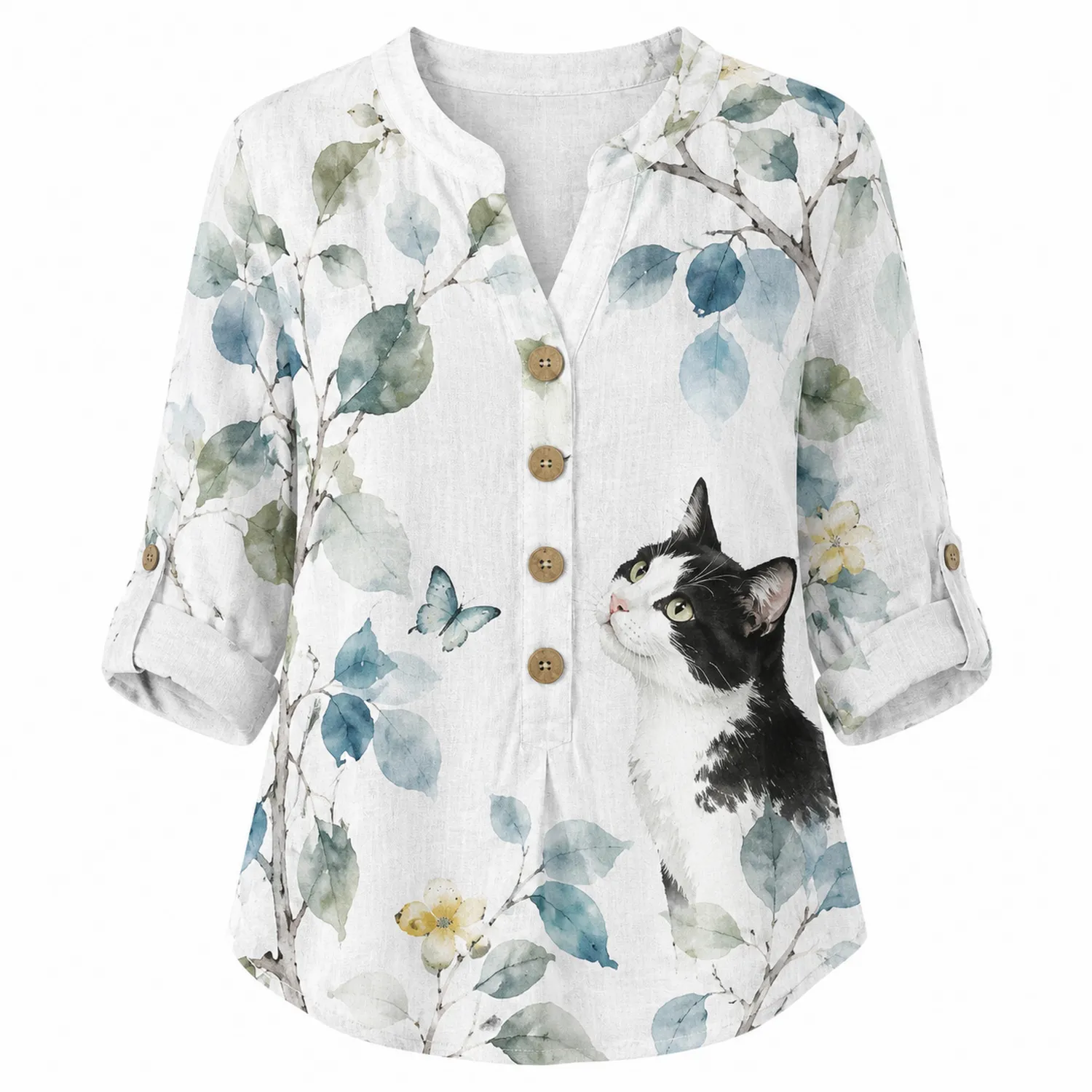 Camicia in Lino Donna Manica 3/4 Gatto Foglie