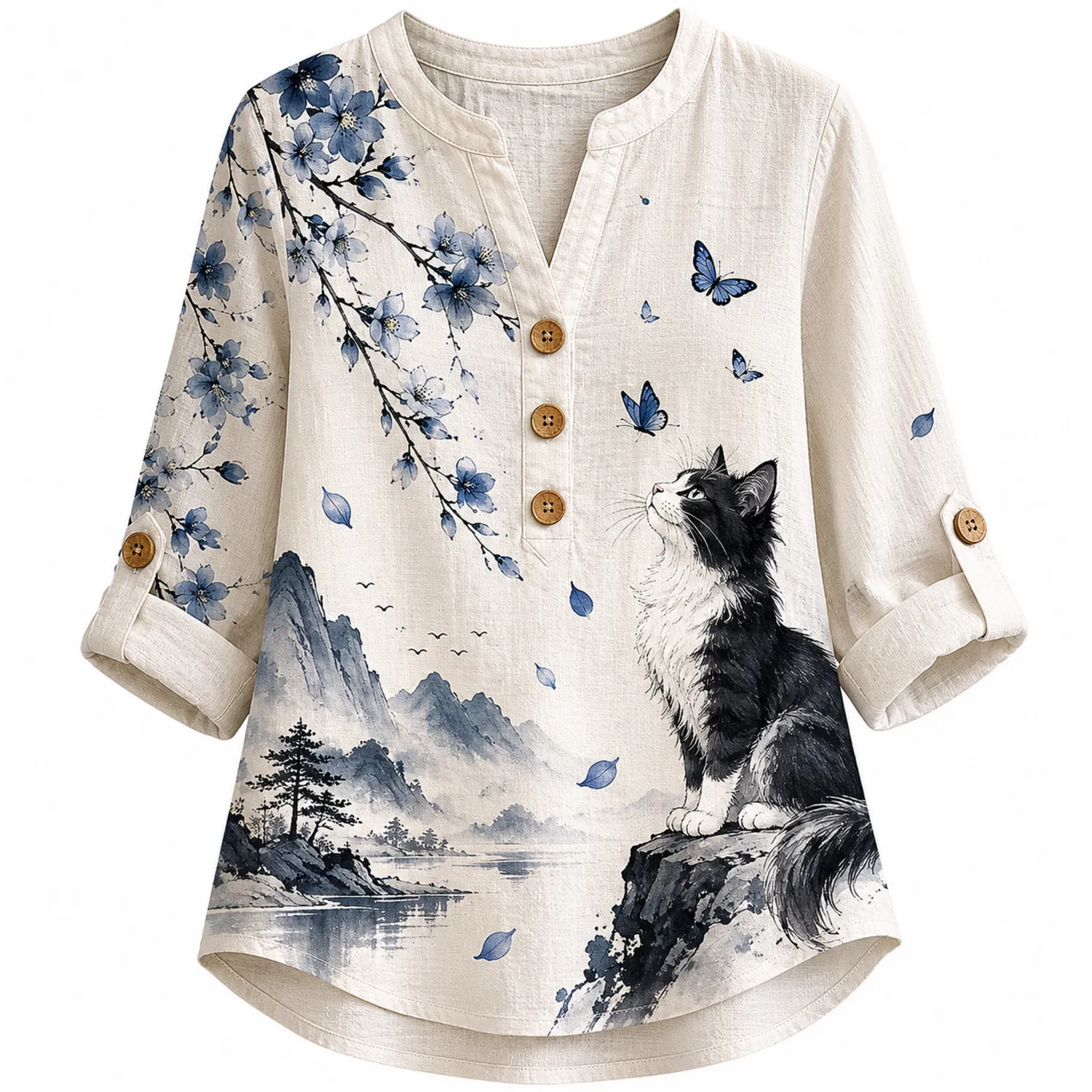 Camicia in Lino Donna Gatto Ciliegio 3/4 Maniche Scollo a V