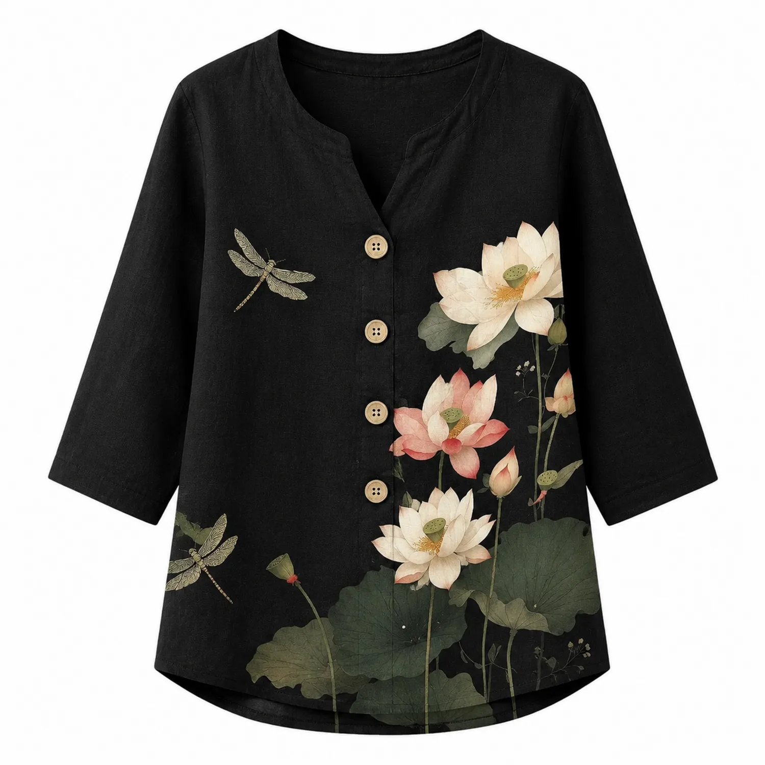 Camicia Donna Lino Nero Libellula Loto Manica 3/4