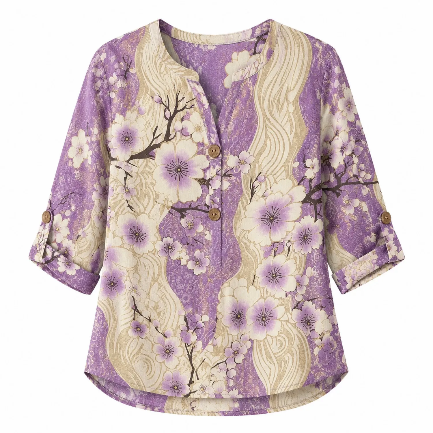 Blusa Donna in Lino Fiore di Ciliegio Viola Maniche 3/4