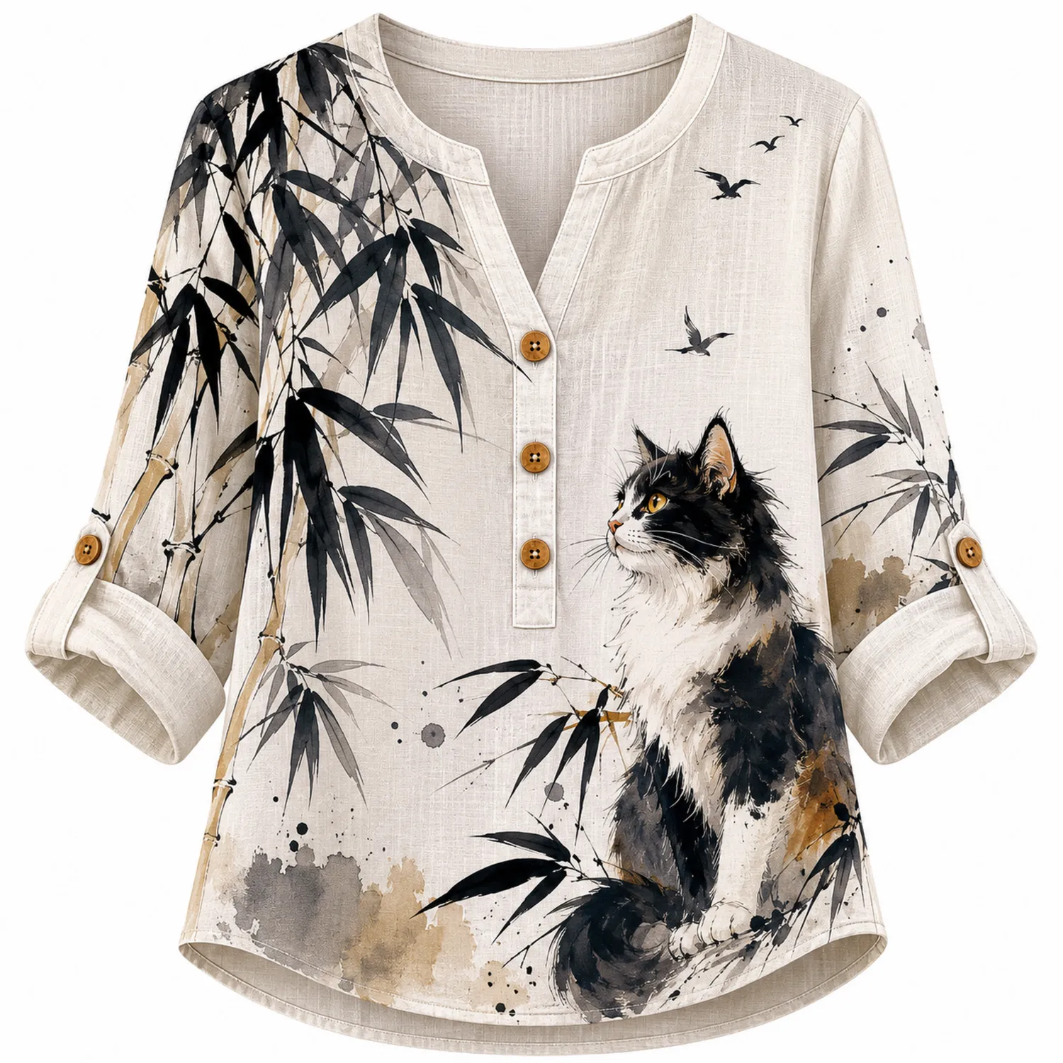Camicia da Donna in Lino con Gatto e Bambù Maniche 3/4