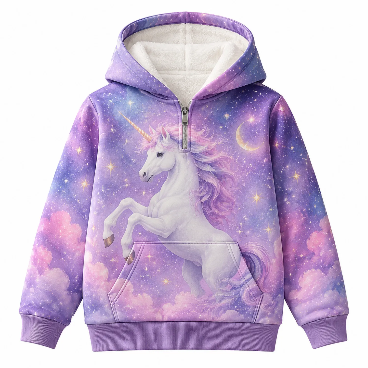 Felpa con Cappuccio Galassia Unicorno Bambina, Mezza Zip