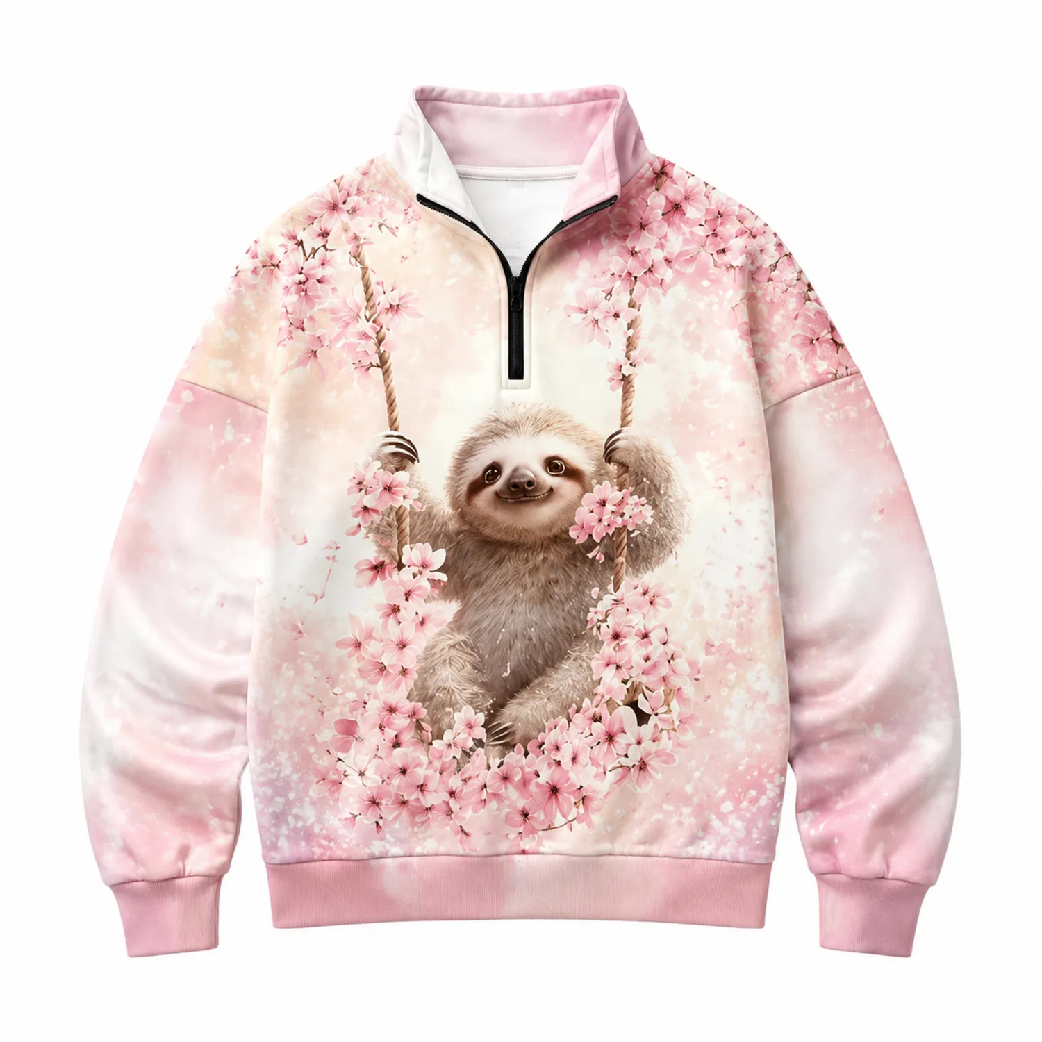 Felpa 1/4 Zip Bambina con Bradipo e Fiori di Ciliegio