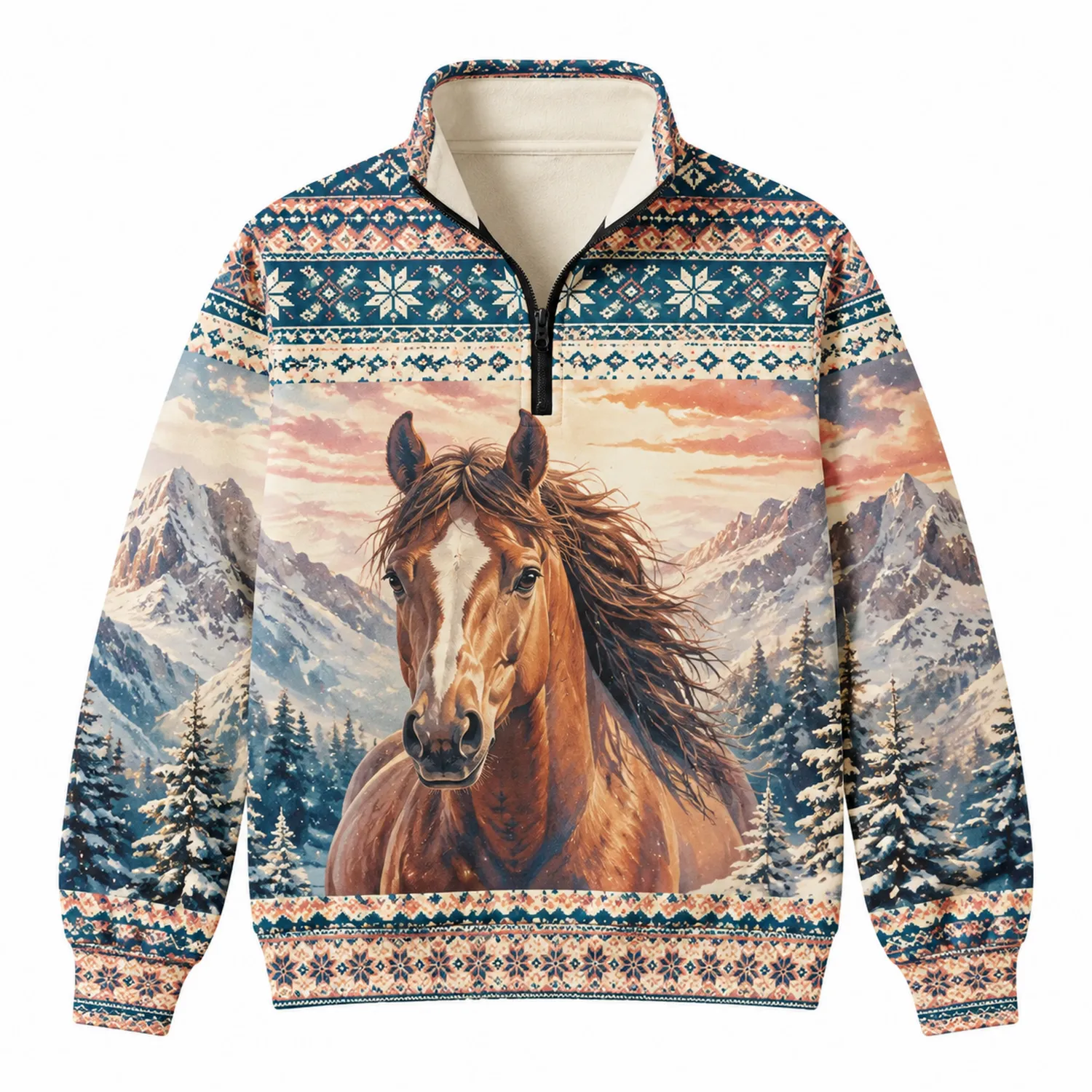 Felpa 1/4 Zip Bambina Cavallo Montagne Grafiche