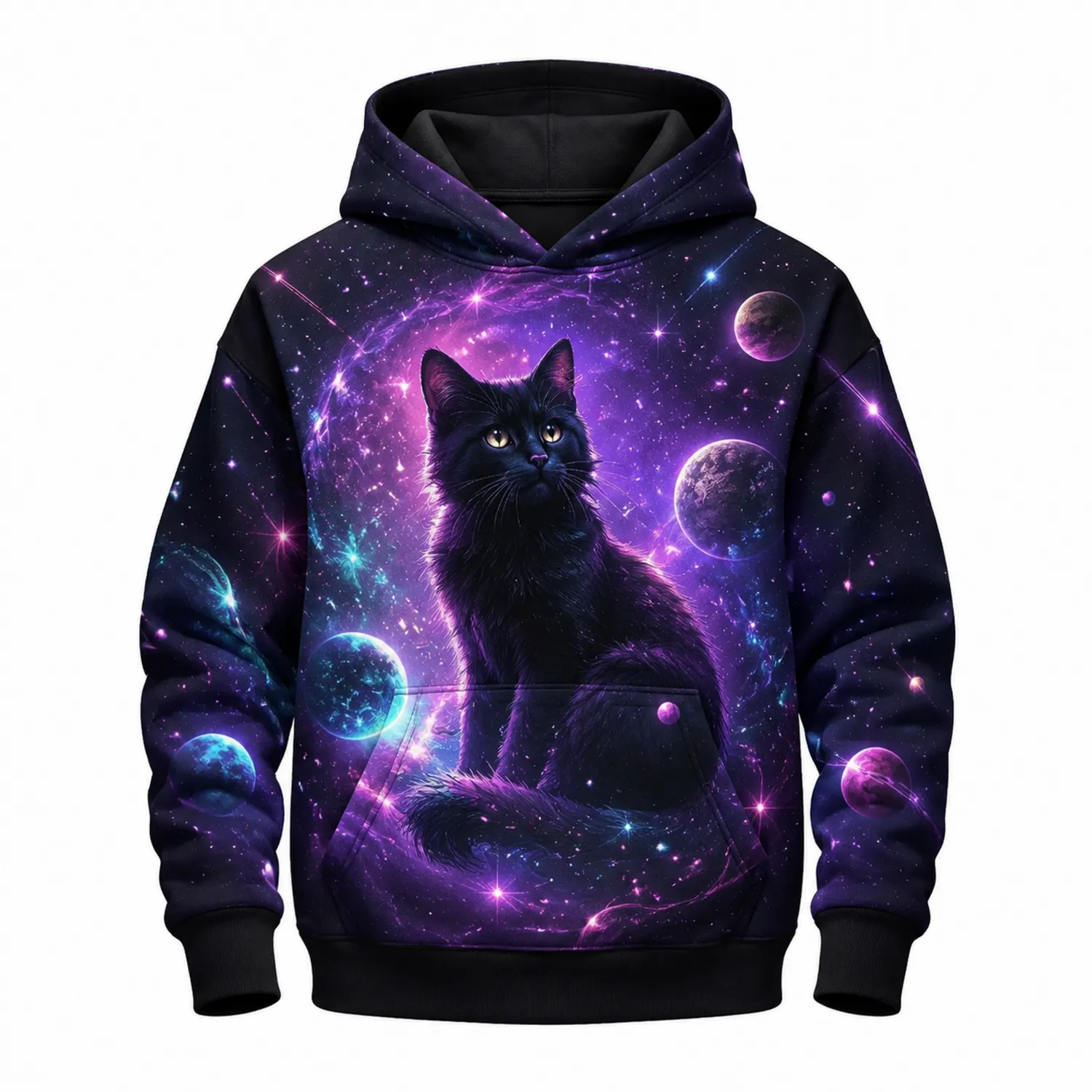 Felpa con Cappuccio Stampa Gatto Spaziale per Ragazze