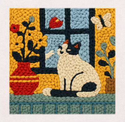 [Copy]Punch Needle Kit | Cat and Flowers (with Frame)
