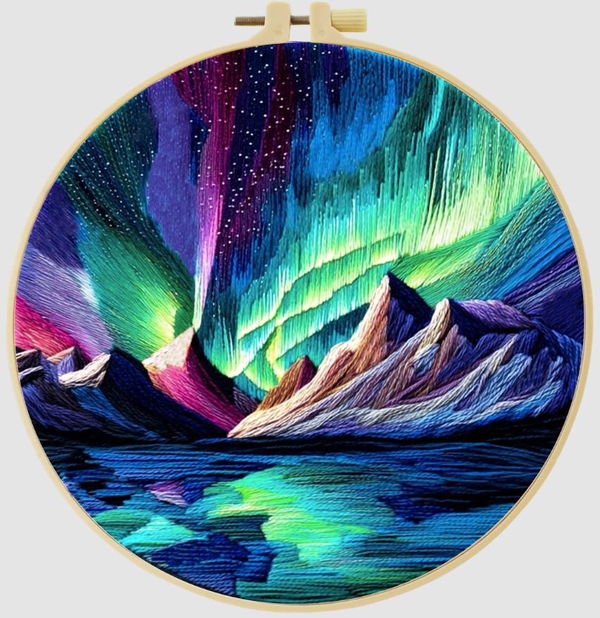 Aurora on Lake | Cross Stitching Embroidery Kits for Beginners (20cm with frame)
