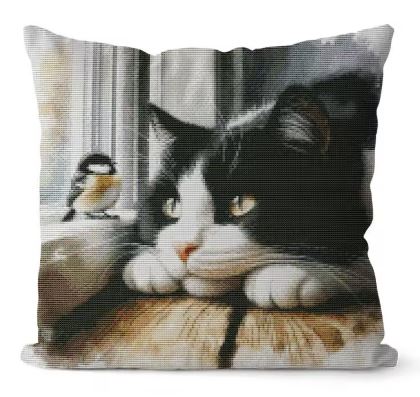 Cat And Bird | Pillow Cross Stitching Embroidery Kit (45x45cm 11CT)