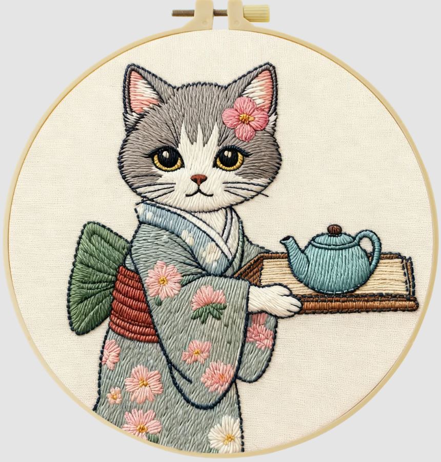 Cat Serving Tea | Cross Stitching Embroidery Kits for Beginners (20cm with frame)