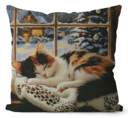Cat Snowy Window | Pillow Cross Stitching Embroidery Kit (45x45cm 11CT)