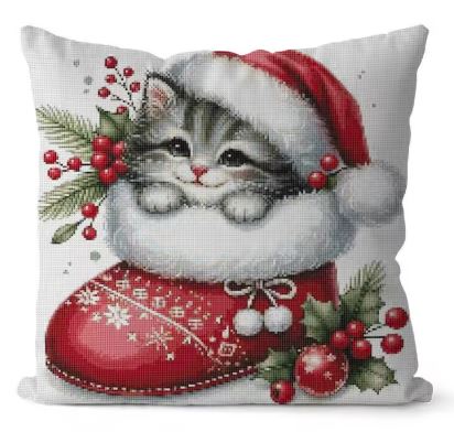 Christmas Cat | Pillow Cross Stitching Embroidery Kit (45x45cm 11CT)