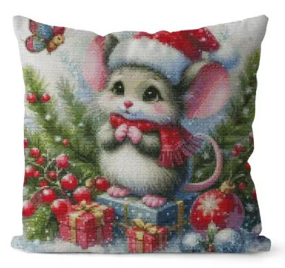 Christmas Mouse | Pillow Cross Stitching Embroidery Kit (45x45cm 11CT)