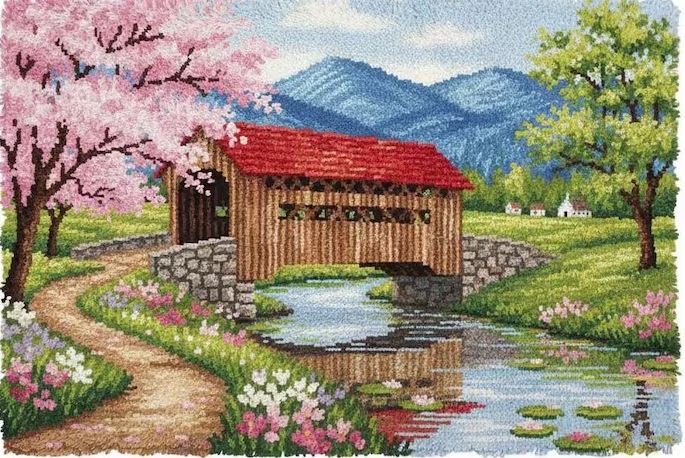 Covered Bridge With Cherry Blossoms | Rug Making Latch Hooking Kit