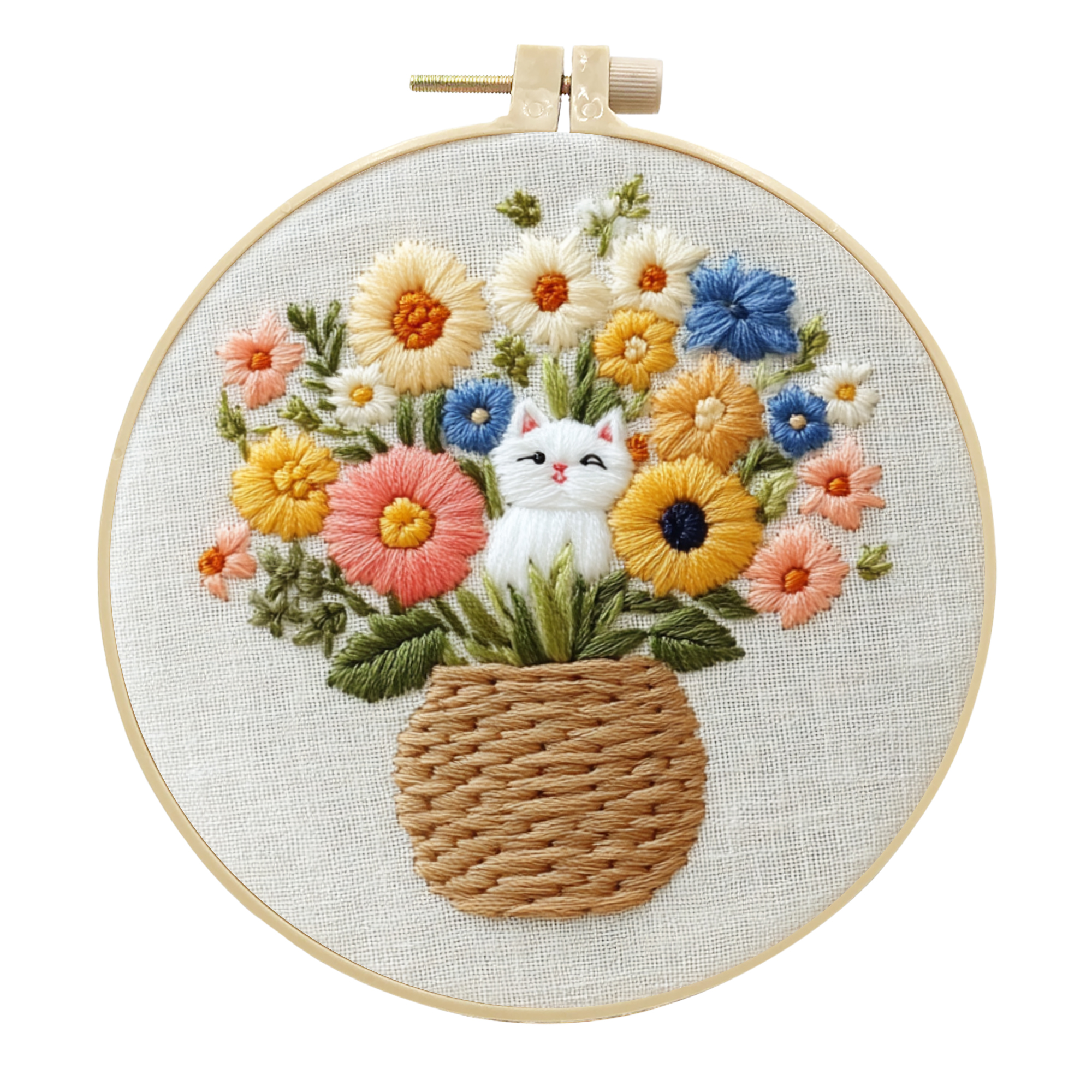 Kitten in Flower Basket | Cross Stitching Embroidery Kits for Beginners (20cm with frame)