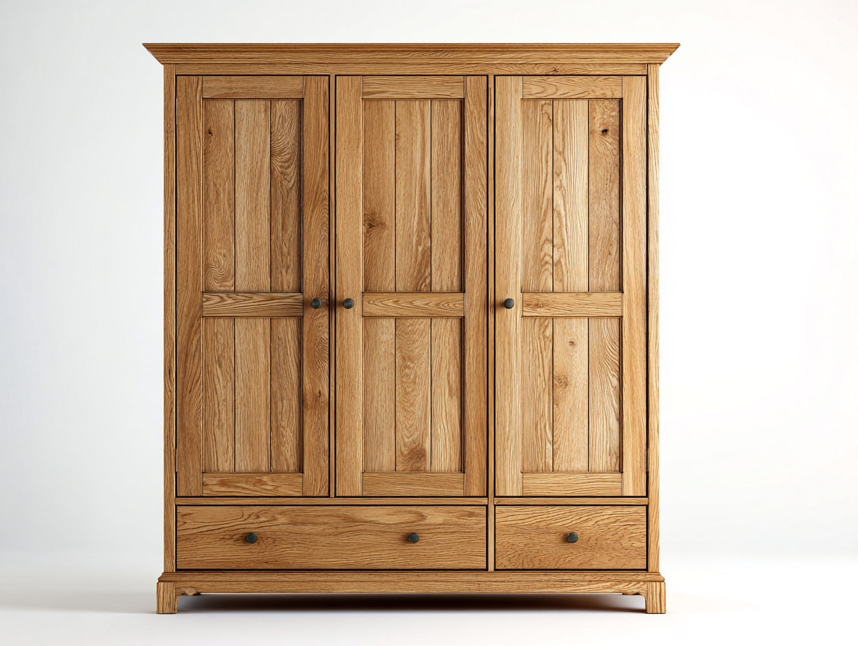 Kleiderschrank aus Eichenholz 150x58x190 cm Naturfarben für Schlafzimmer - 3 Türen 3 Schubladen - Landhausstil-Fasadodecor