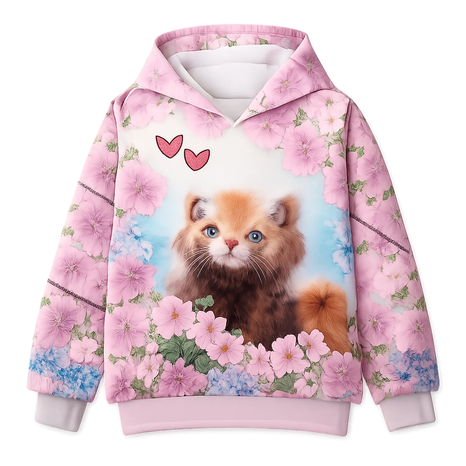 Felpa con Cappuccio per Bambine Gattino Fiori
