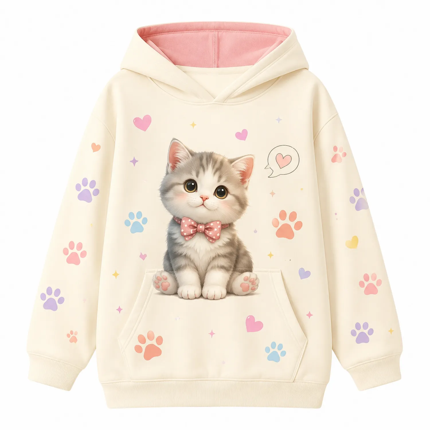 Felpa con Cappuccio Gatto Impronte Bambina Manica Lunga