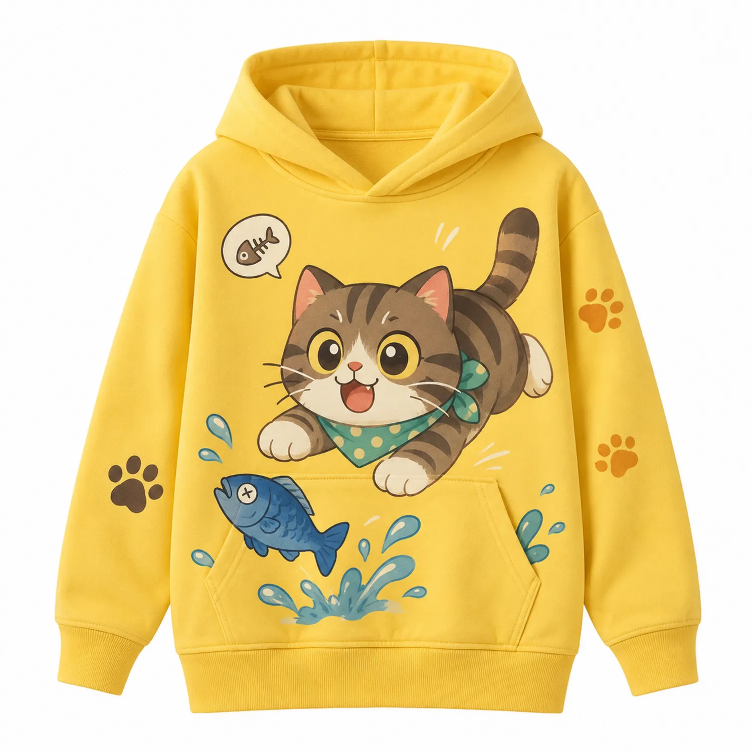 Felpa con Cappuccio Gialla per Bambine Gatto Pesce