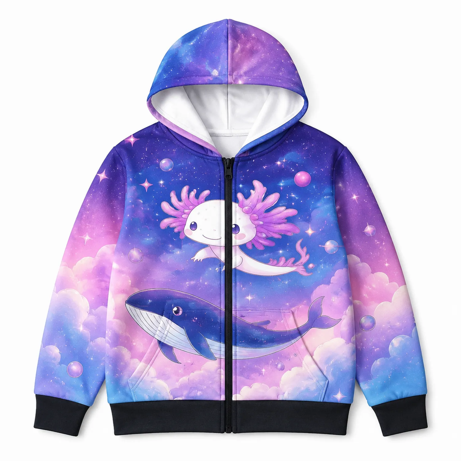 Felpa con Cappuccio Bambina Motivo Axolotl e Balena Zip Intera