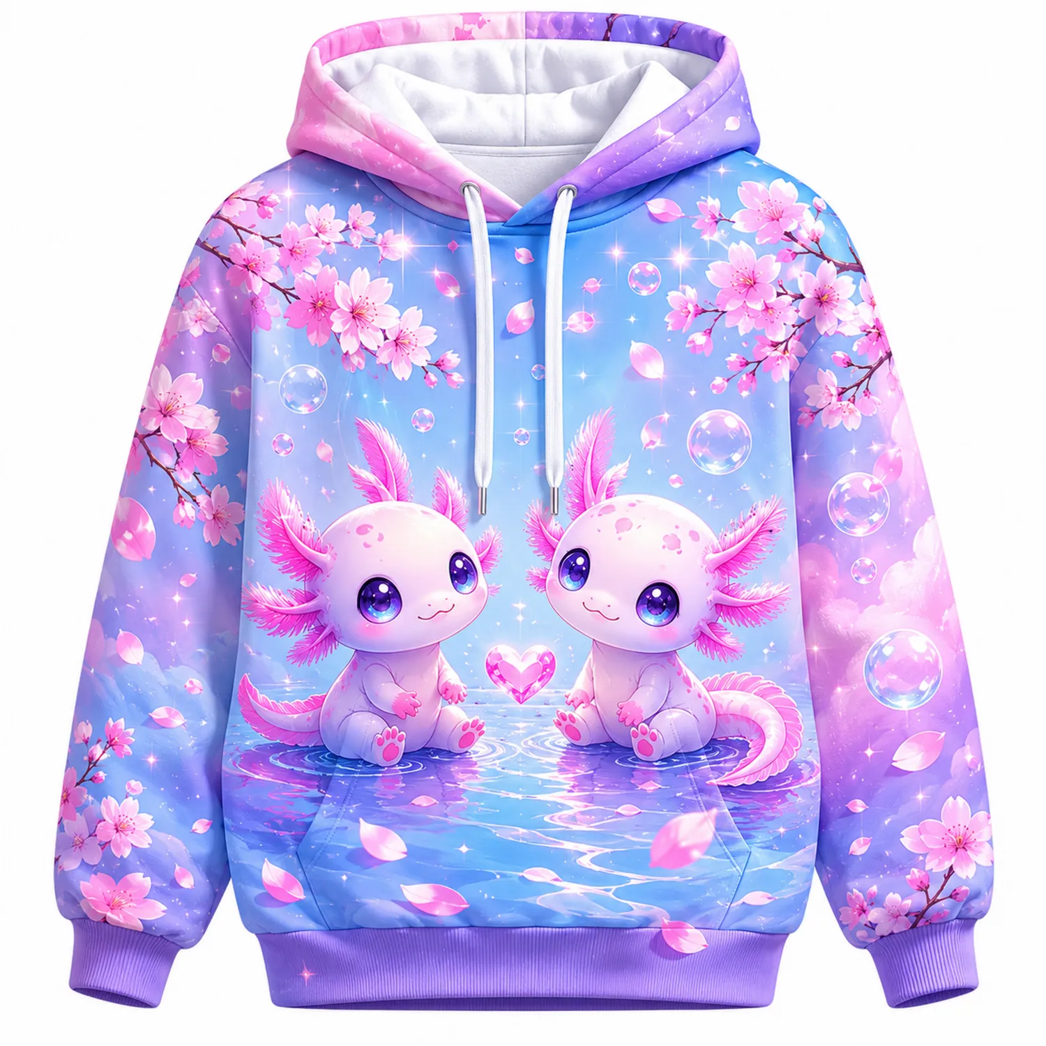Felpa con Cappuccio Donna Axolotl Stampa Fiori di Ciliegio