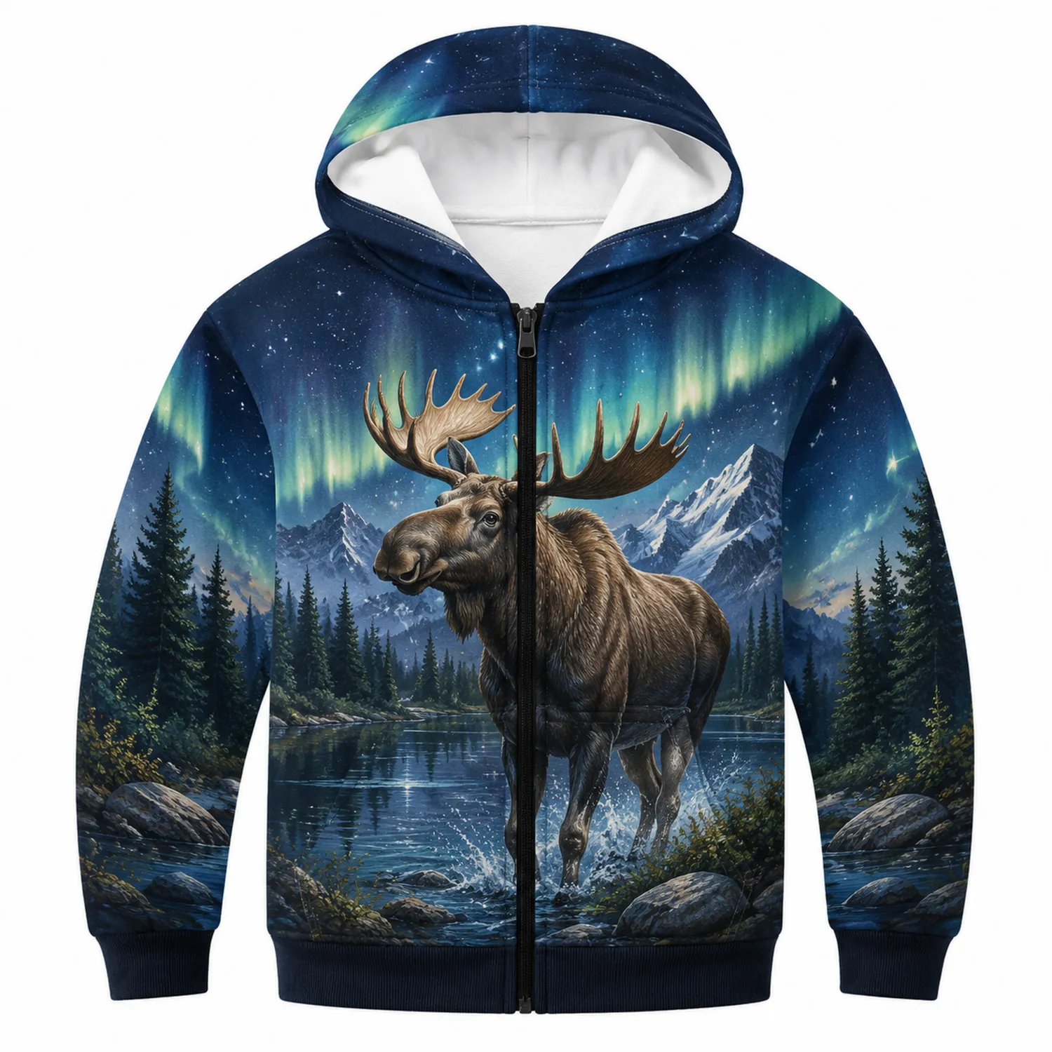 Felpa con Cappuccio Ragazzi Alce Montagna Aurora Boreale Zip