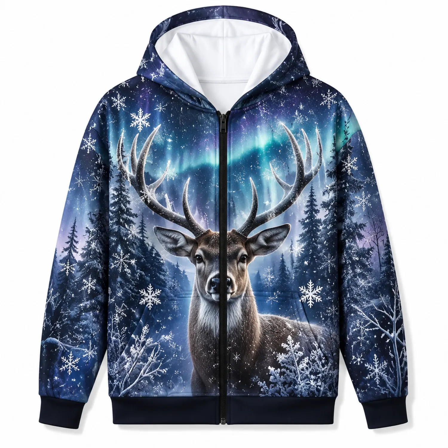Felpa con Cappuccio Bambino Cerniera Motivo Cervo Fiocchi Neve