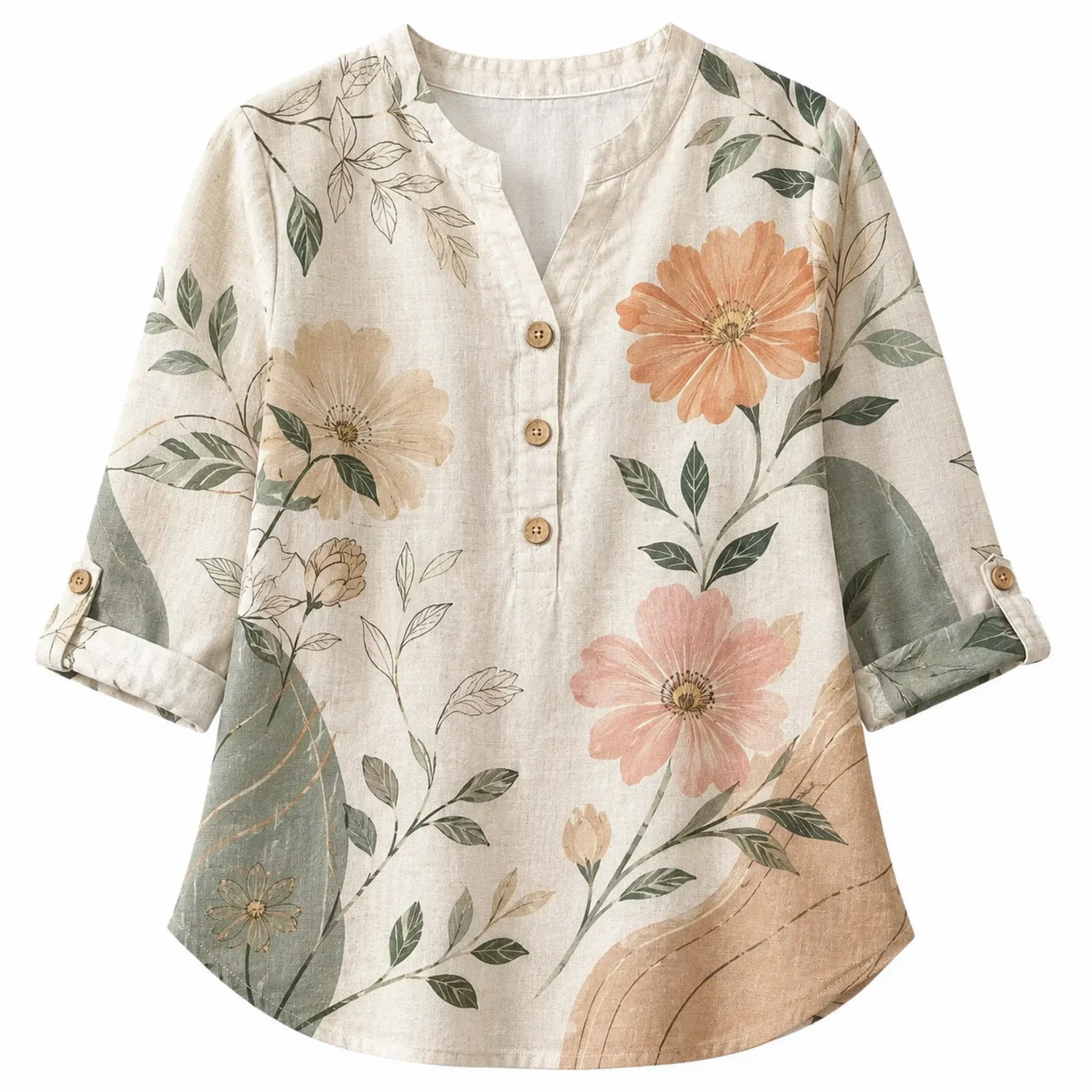 Blusa in Lino da Donna con Stampa Floreale, Maniche 3/4, Scollo a V